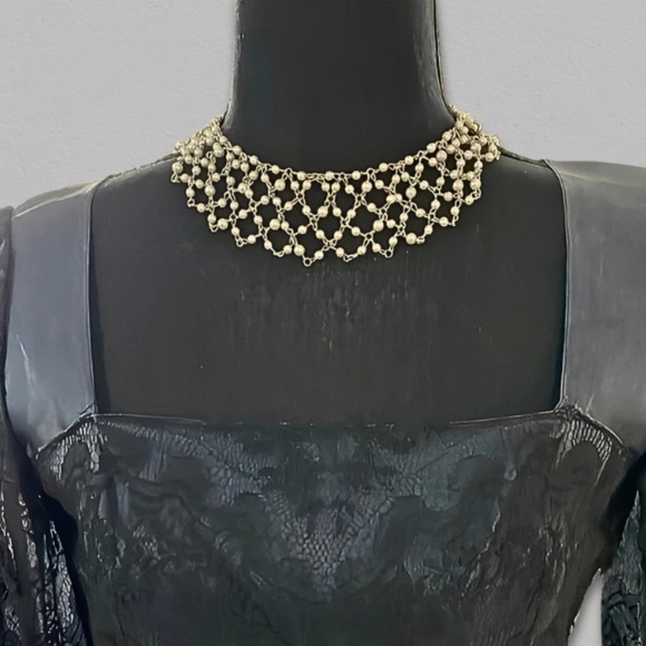 Elegant Lace Midi Dress Sweetheart Neckline Long Sleeve Sheer Satin Navy Blue M - Picture 3 of 16